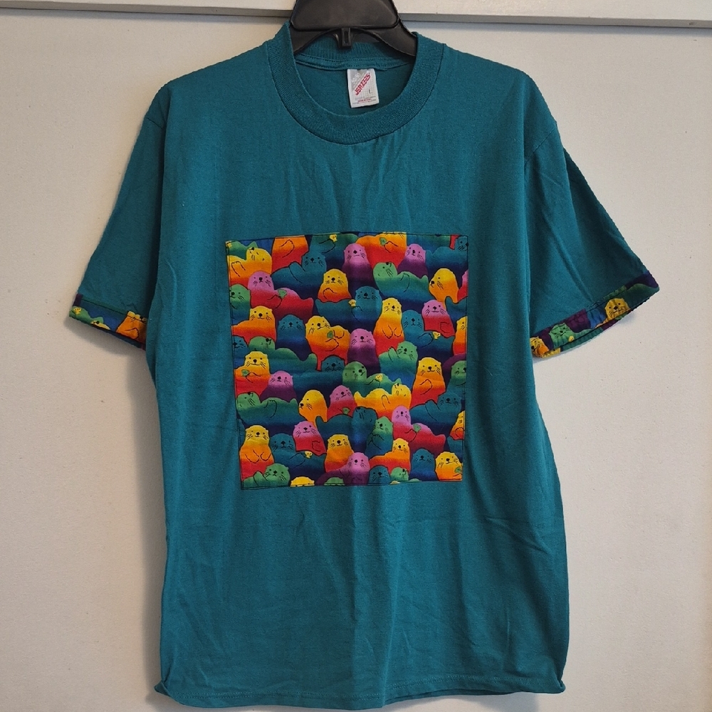 Teal Graphic T-Shirt with Rainbow Chick Patch